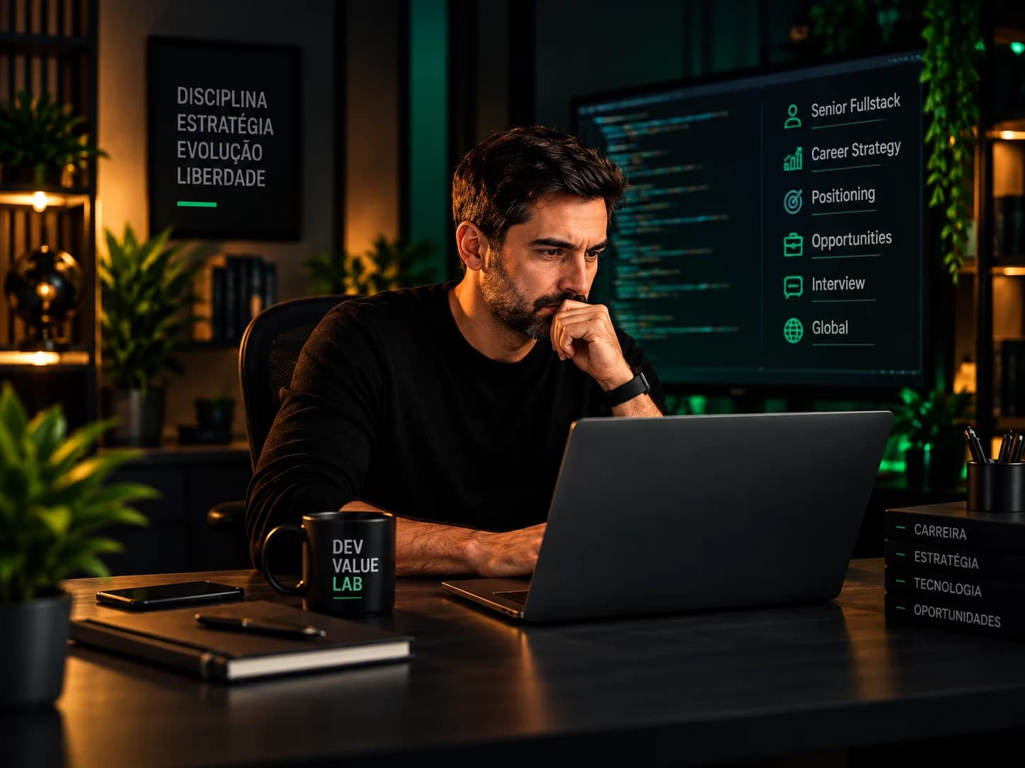 Desenvolvedor de software analisando uma oportunidade profissional em seu ambiente de trabalho